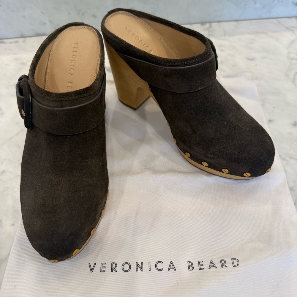 Veronica Beard Dacey Chocolate Brown Suede Stud Clog Mules